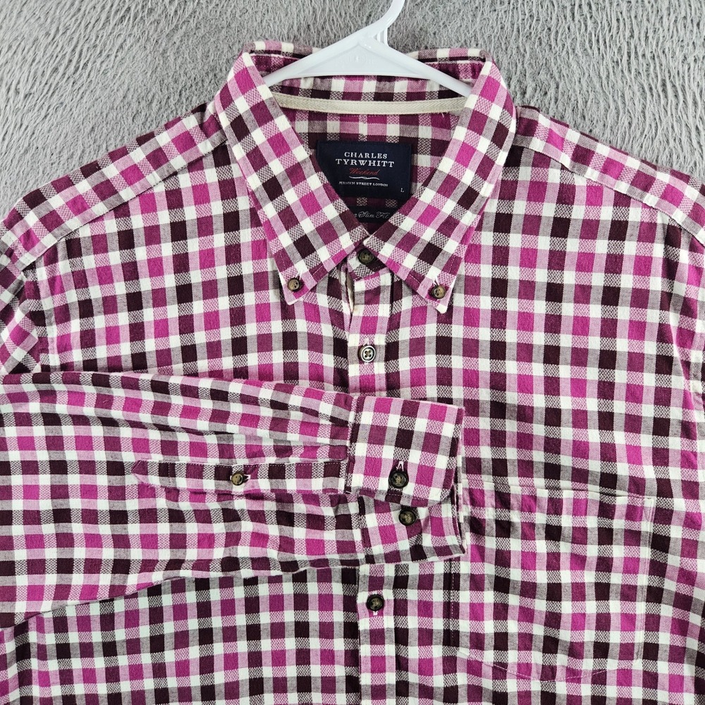 Charles Tyrwhitt Weekend Shirt Mens L Extra Slim Fit Purple Gingham Check Cotton